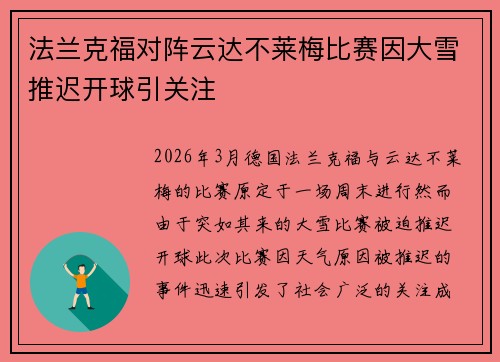 法兰克福对阵云达不莱梅比赛因大雪推迟开球引关注
